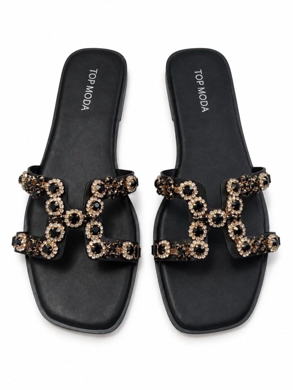 TOP Moda Black Slides with Gold Crystal Chain Accent
